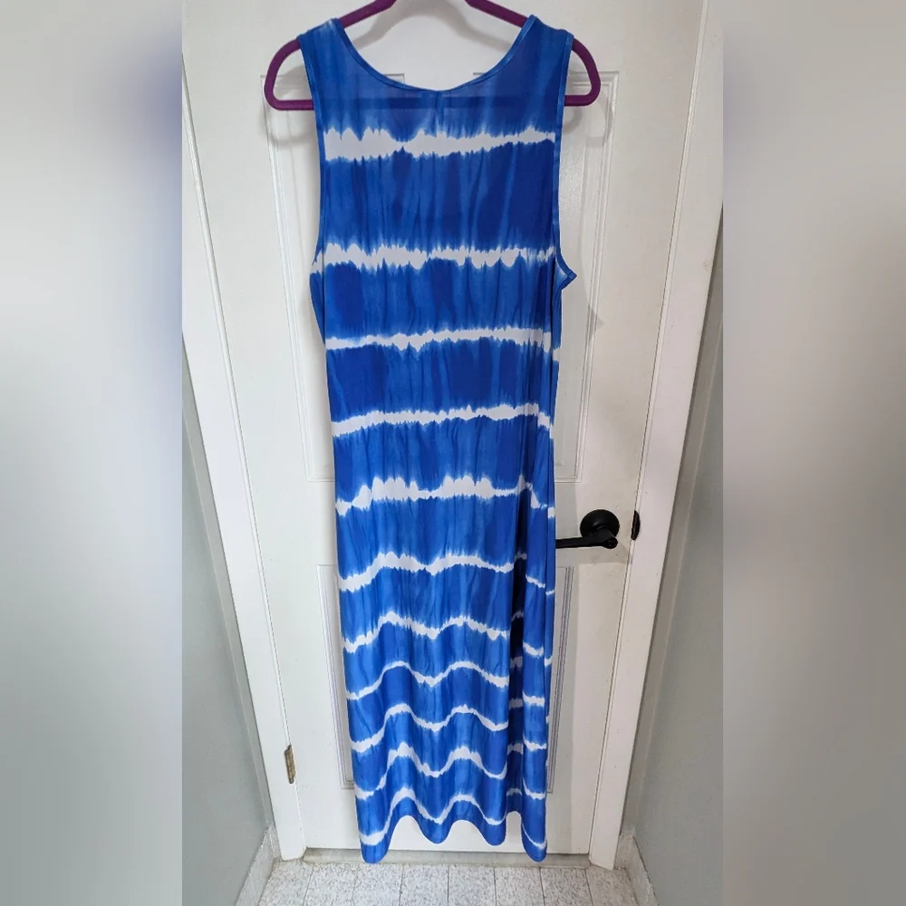 Blue Tie-Dye Sleeveless Dress with Stud Accents - Picture 3 of 7